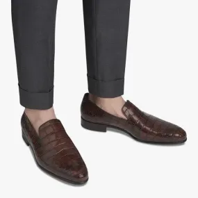 Crocodile Shoes Men's Penny Loafer Shoes, Genuine Crocodile Skin Leather Slip On Casual Dress Shoes Vintage Brown Market Lane Cushion Fit