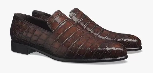 Crocodile Shoes Men's Penny Loafer Shoes, Genuine Crocodile Skin Leather Slip On Casual Dress Shoes Vintage Brown Run Glow Smile Step
