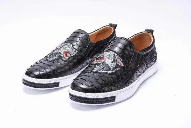 Crocodile Shoes Mens Python Leather With Grey Embroidery Tiger Driving Shoes  Slip on Flats Walking Shoes Flexible Footwear All-Day Wear