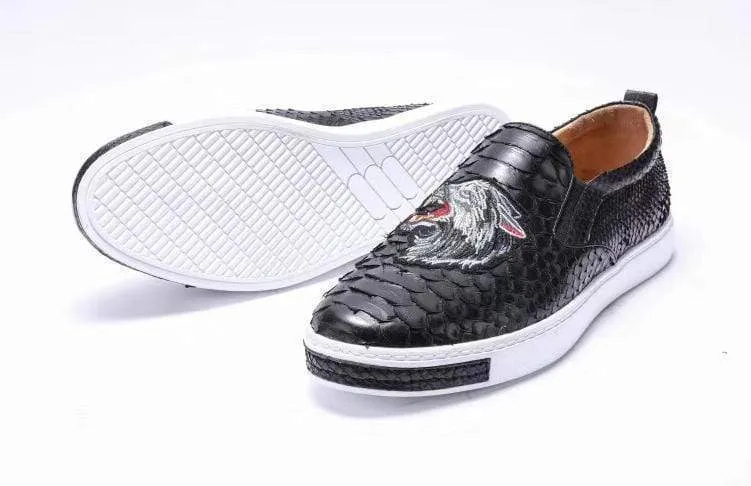 Lightly Padded Crocodile Shoes Mens Python Leather With Grey Embroidery Tiger Driving Shoes  Slip on Flats Walking Shoes