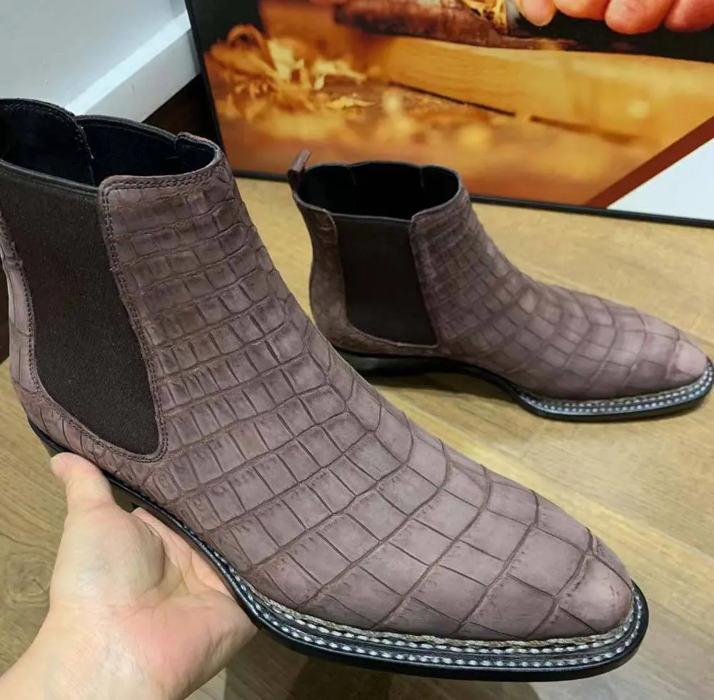Crocodile Shoes Men's Sanded Crocodile Leather Norwegian Stitch Chelsea Boots Flexible Cushion Soft Movement