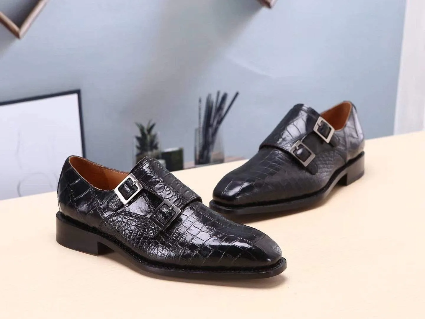 Crocodile Shoes Mens Shoes Black Crocodile  Leather Monk Double Strap Dress Shoes,Goodyear Sole Breathable Fit