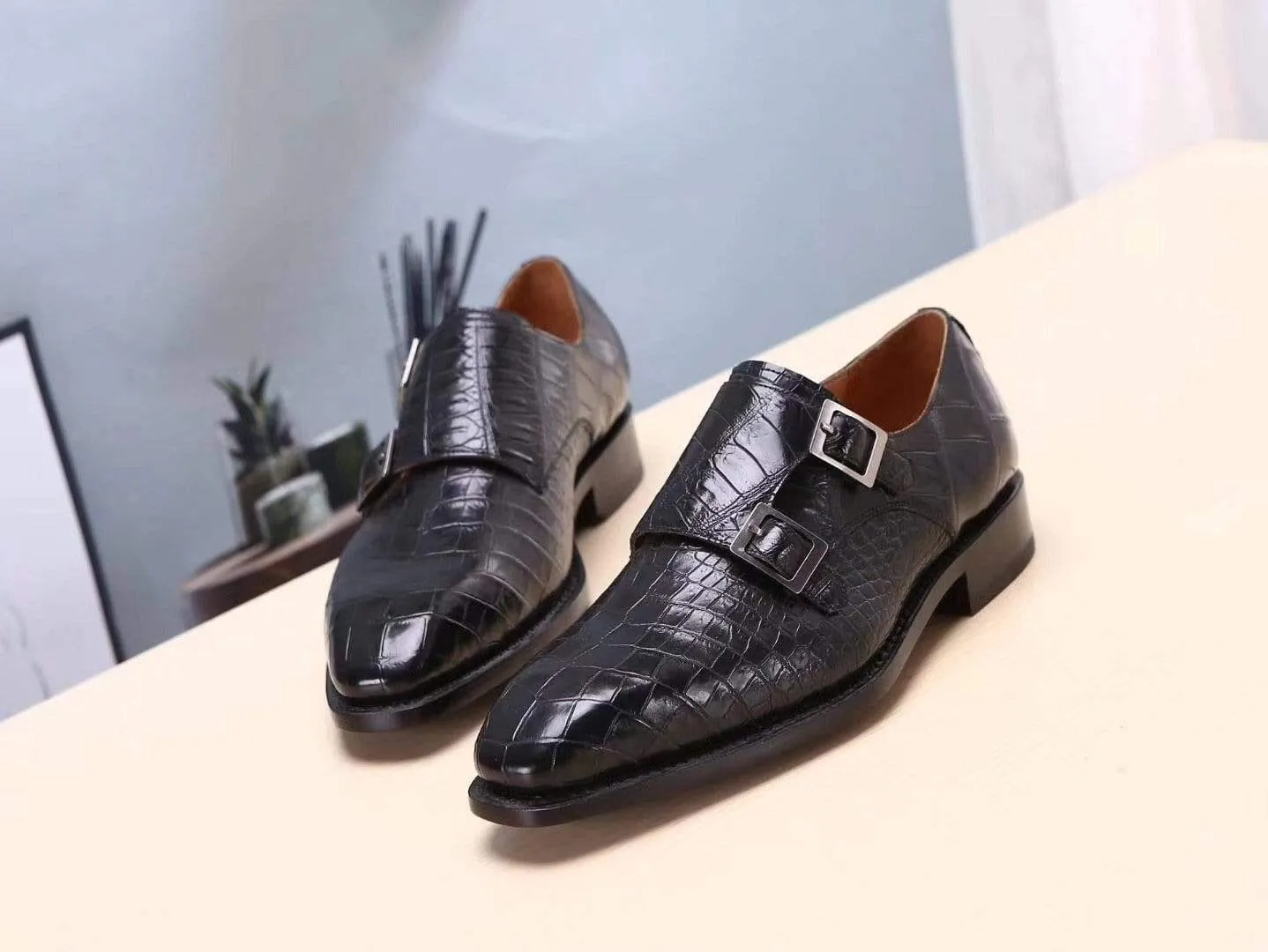 Crocodile Shoes Mens Shoes Black Crocodile  Leather Monk Double Strap Dress Shoes,Goodyear Sole Secure fit