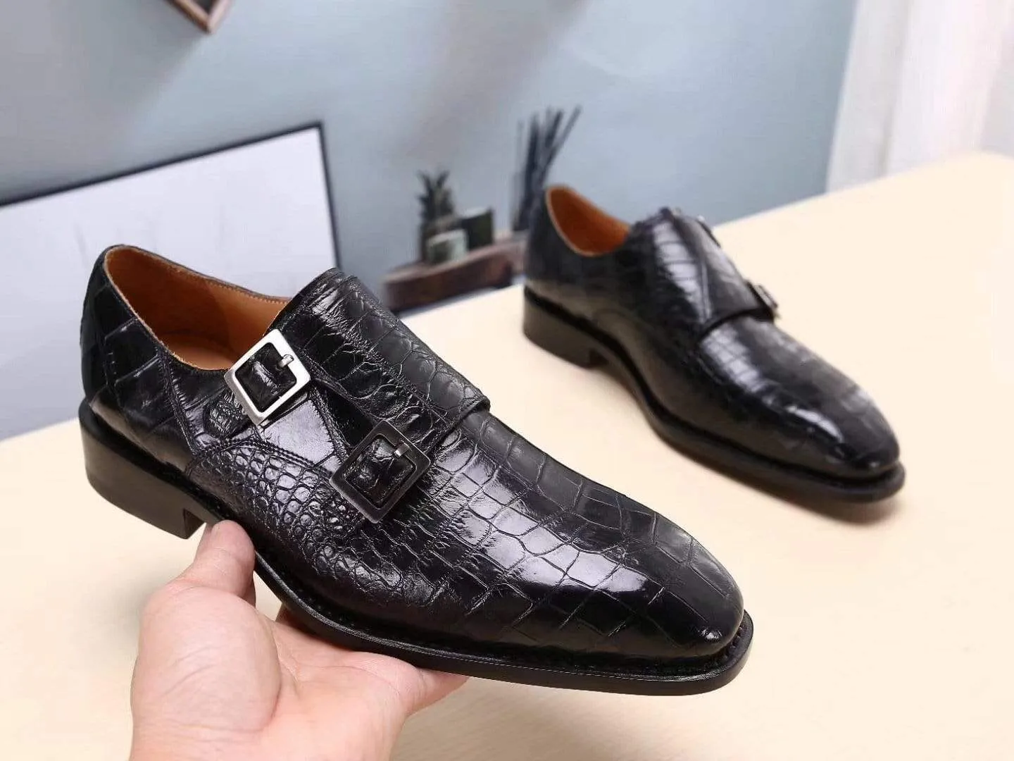 Rest Mood Crocodile Shoes Mens Shoes Black Crocodile  Leather Monk Double Strap Dress Shoes,Goodyear Sole