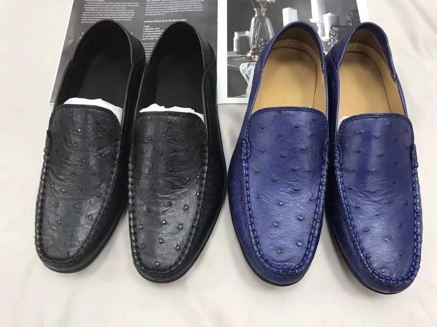 Crocodile Shoes Mens  Slip On Casual Fashion Ostrich Leather Penny Loafer Shoes Black Breathable fabric
