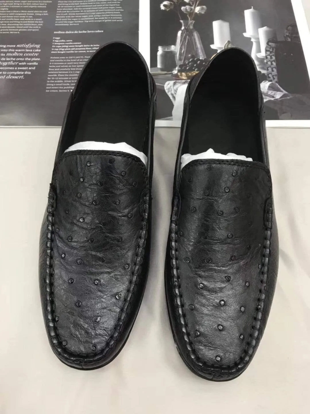 Evening Ease Crocodile Shoes Mens  Slip On Casual Fashion Ostrich Leather Penny Loafer Shoes Black