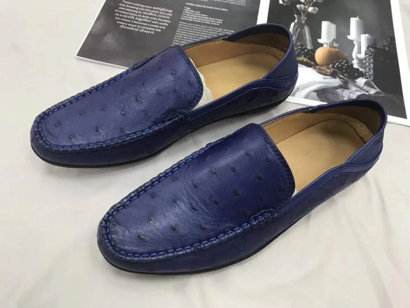 Drink Night Crocodile Shoes Mens  Slip On Casual Fashion Ostrich Leather Penny Loafer Shoes Dark Blue
