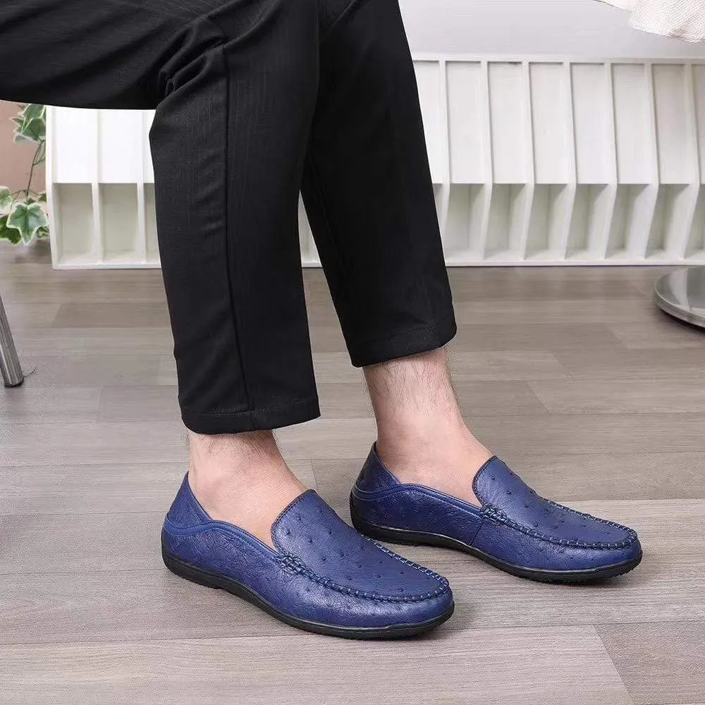 Print Fun Crocodile Shoes Mens  Slip On Casual Fashion Ostrich Leather Penny Loafer Shoes Dark Blue