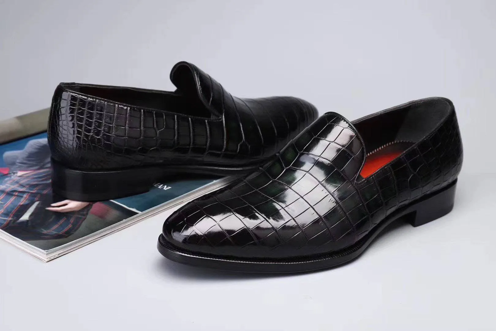 Workday Approved Shoes Timeless Design Crocodile Shoes Men's Slip On Loafer Shoes, Genuine Crocodile Leather Casual Dress Shoes Vintage Green