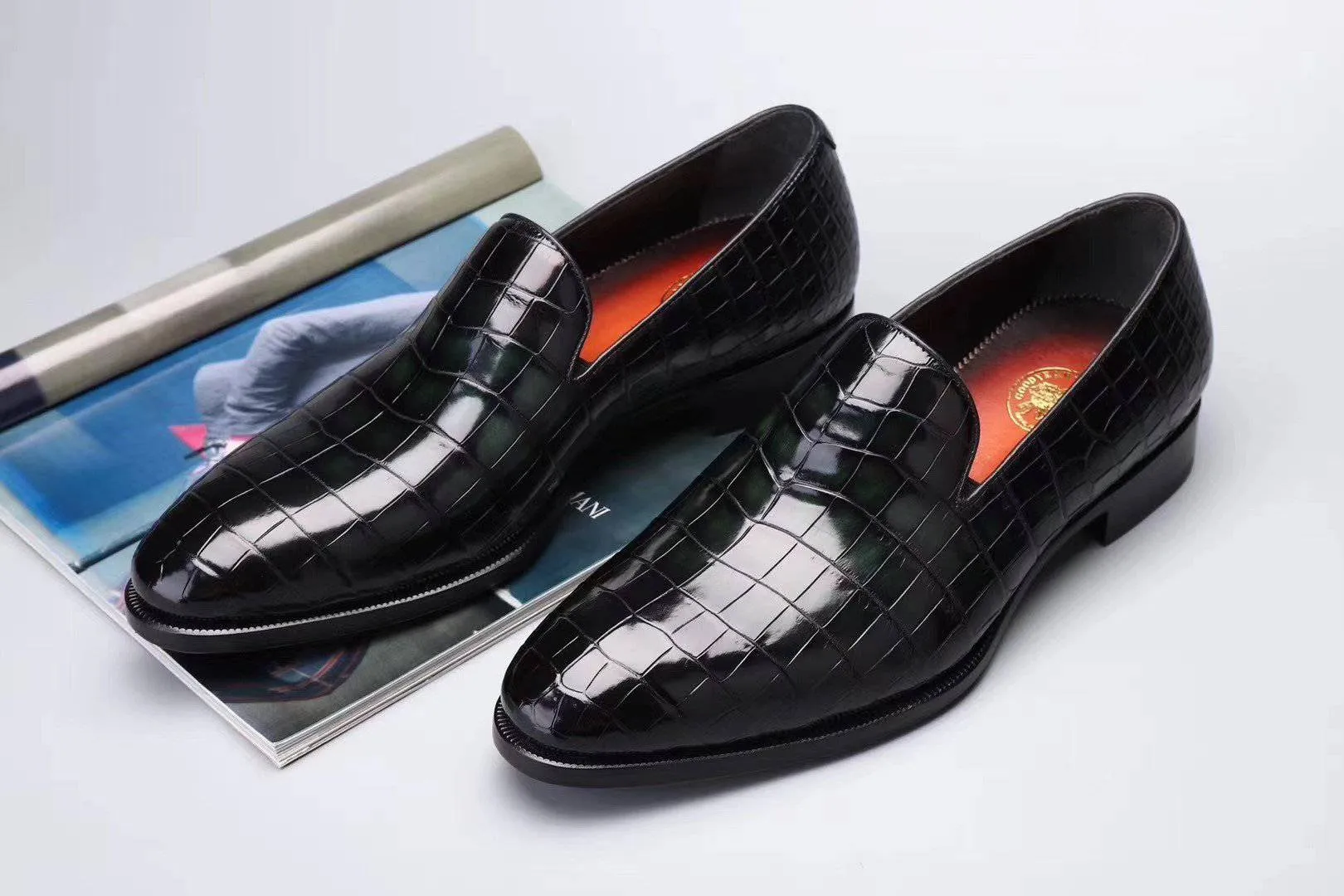 Elegant Footwear Crocodile Shoes Men's Slip On Loafer Shoes, Genuine Crocodile Leather Casual Dress Shoes Vintage Green