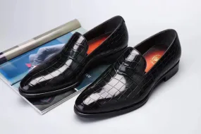 Elegant Footwear Crocodile Shoes Men's Slip On Loafer Shoes, Genuine Crocodile Leather Casual Dress Shoes Vintage Green