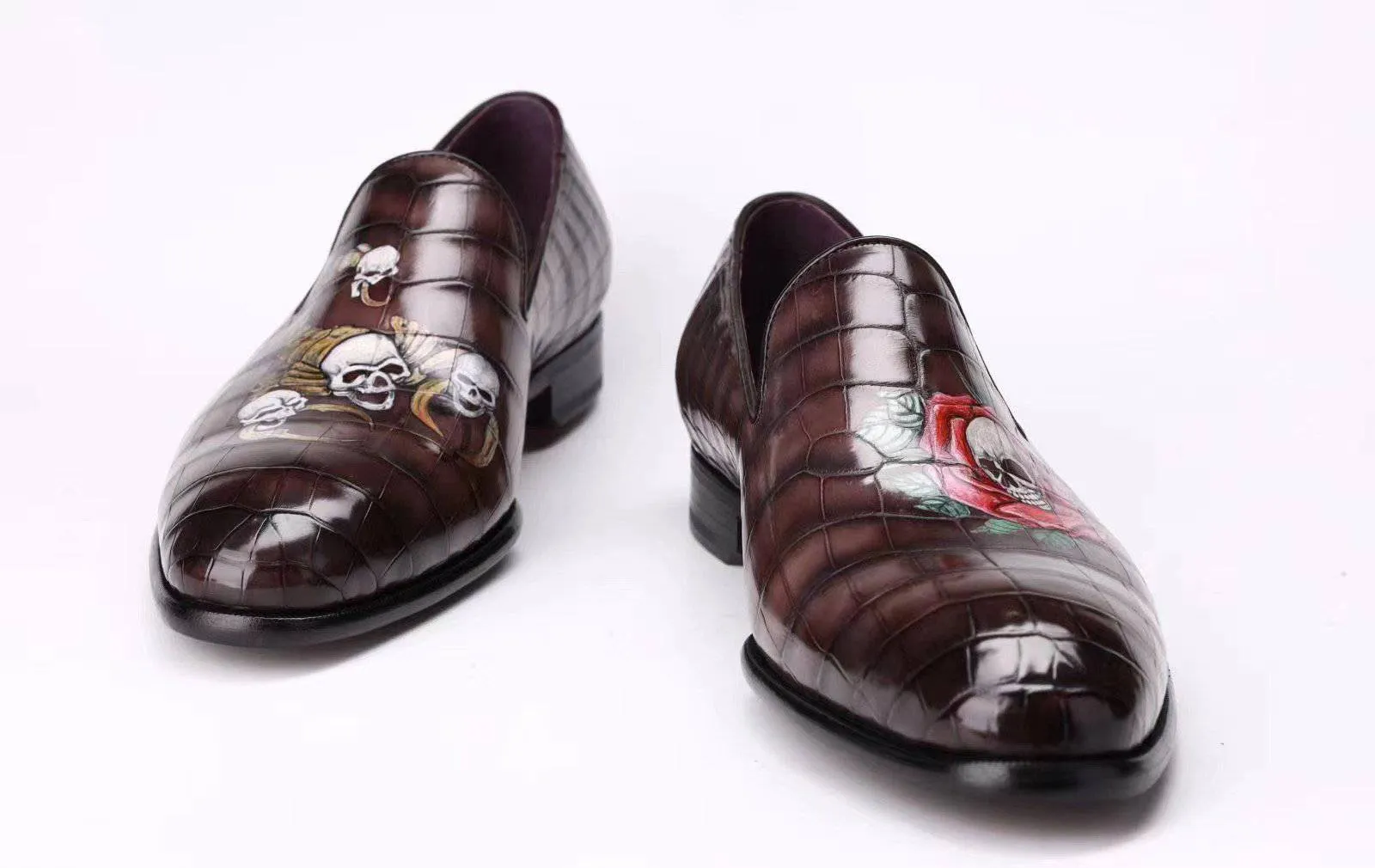 Crocodile Shoes Men's Slip On Loafer Shoes, Genuine Crocodile Leather Casual Dress Shoes With Printing Leaf Path Easy Walk