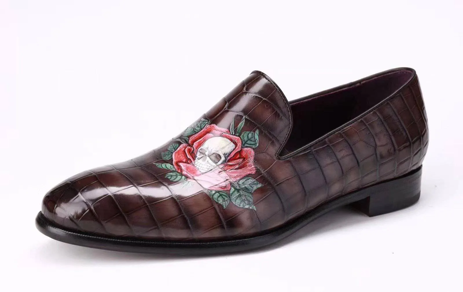 Patio Step Country Step Crocodile Shoes Men's Slip On Loafer Shoes, Genuine Crocodile Leather Casual Dress Shoes With Printing