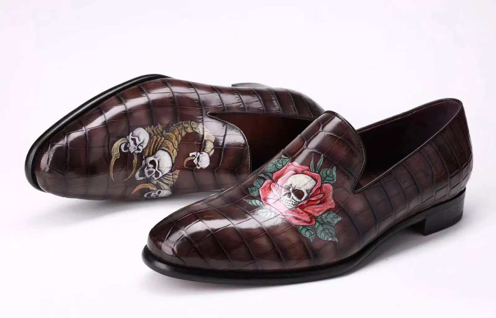 River Step Crocodile Shoes Men's Slip On Loafer Shoes, Genuine Crocodile Leather Casual Dress Shoes With Printing