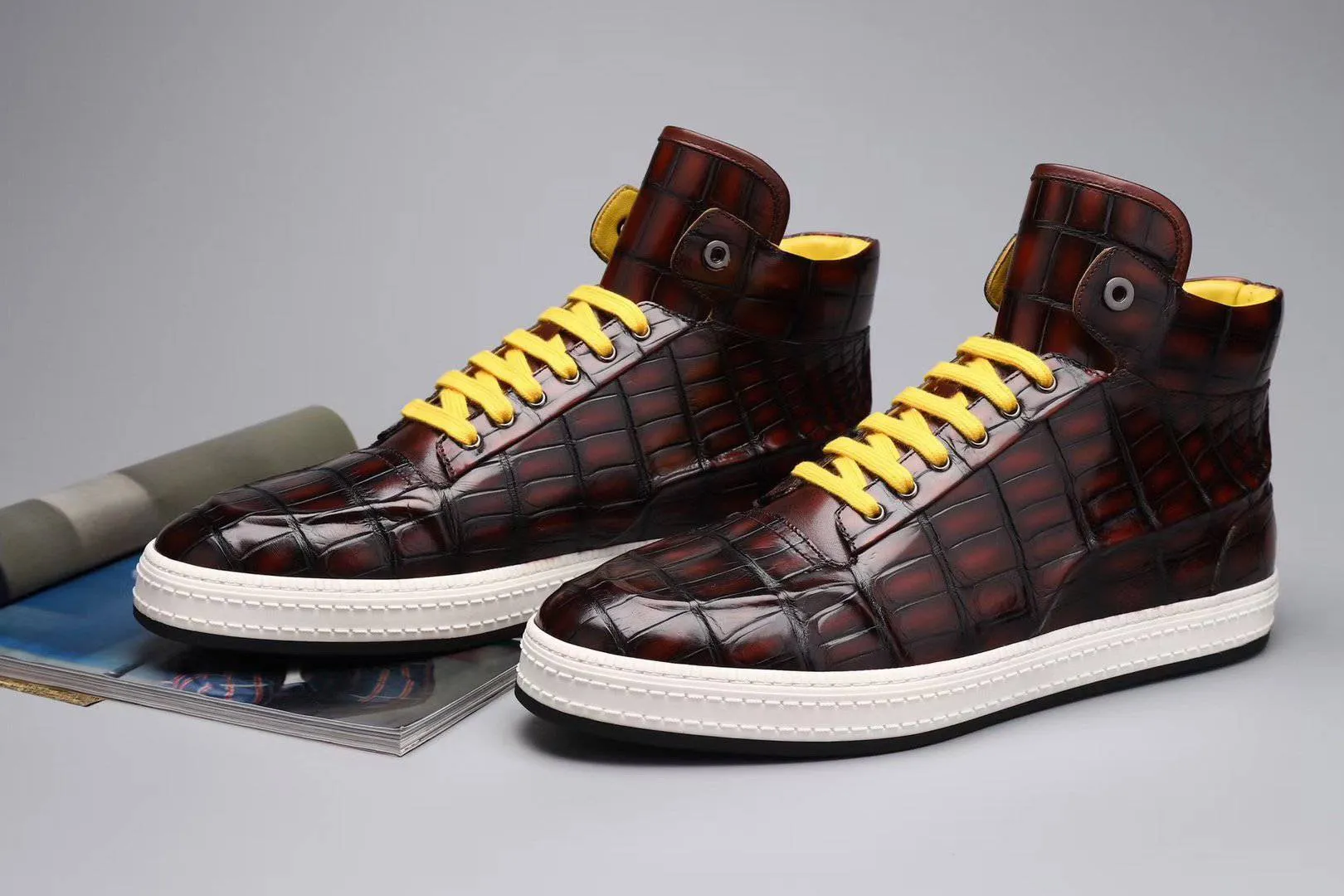 Crocodile Shoes Men's Sneakers , Genuine Crocodile Skin Leather High Heel Sneakers Wine Red Cozy Design Breathable mesh