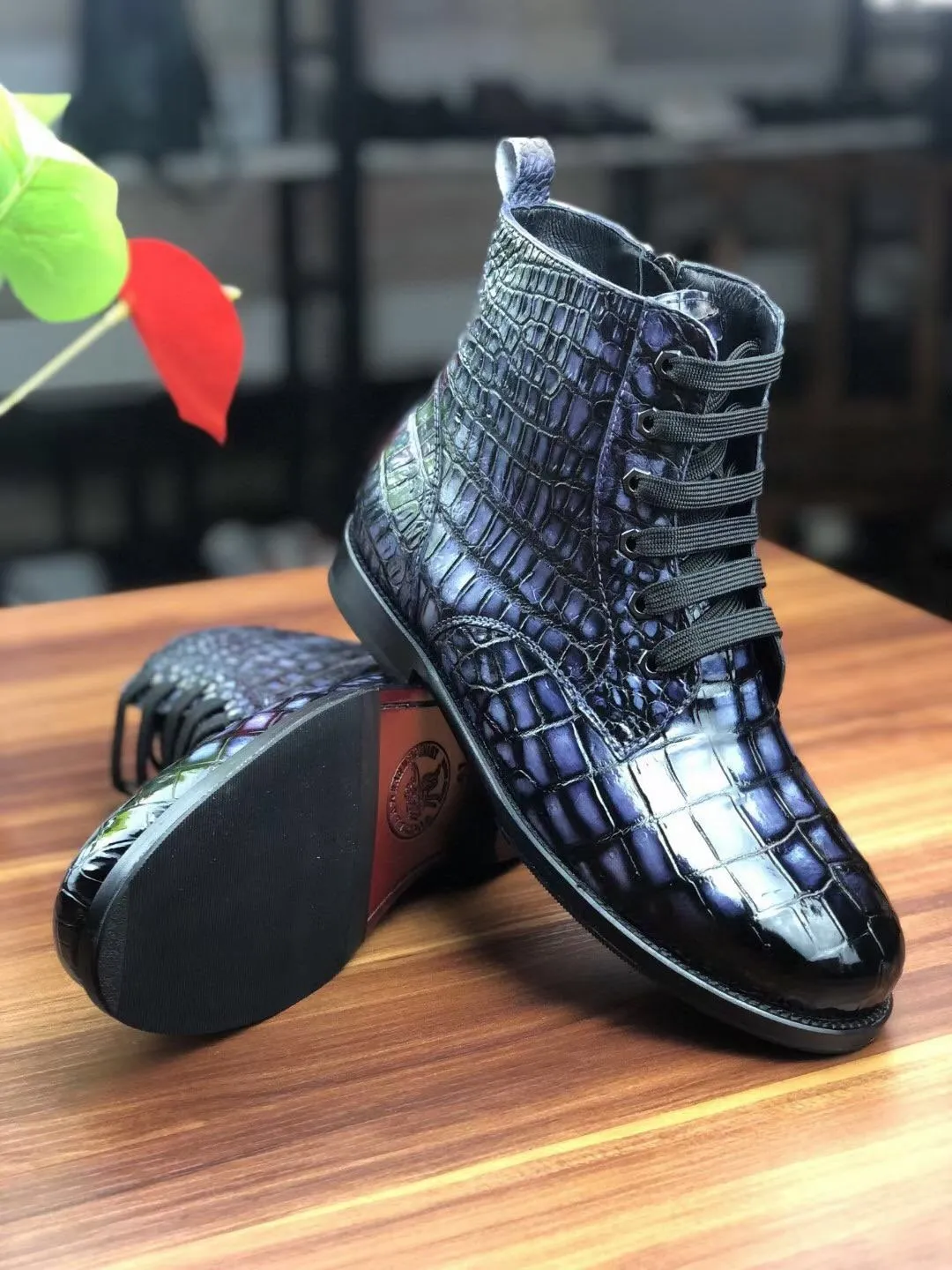 Forest Glow Expo Walk Crocodile Shoes Men's Vintage Crocodile Leather Lace-Up Boots