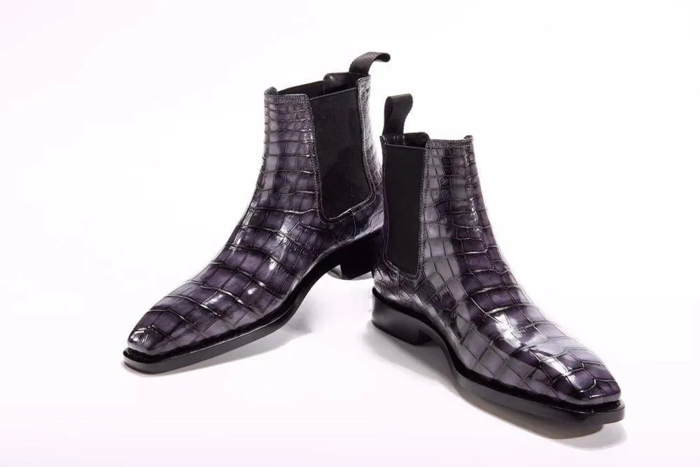 Look Mood Heat resistant Crocodile Shoes Mens  Vintage Grey Crocodile Leather Ankle Dress Chelsea Boots