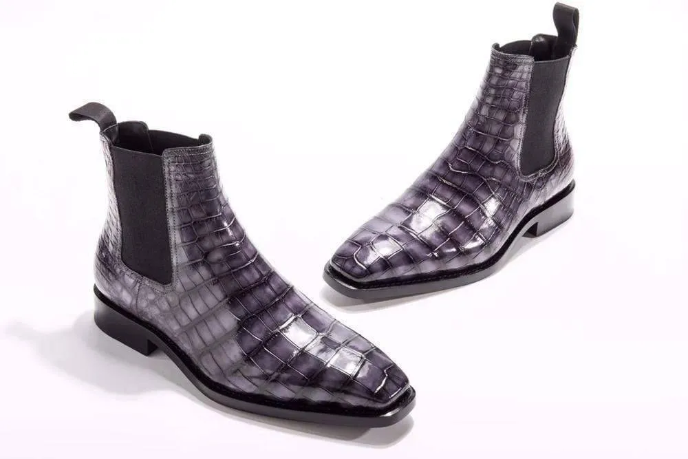 Odor Control Footwear Crocodile Shoes Mens  Vintage Grey Crocodile Leather Ankle Dress Chelsea Boots