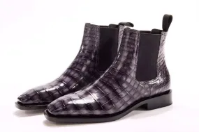 Zip Up Crocodile Shoes Mens  Vintage Grey Crocodile Leather Ankle Dress Chelsea Boots