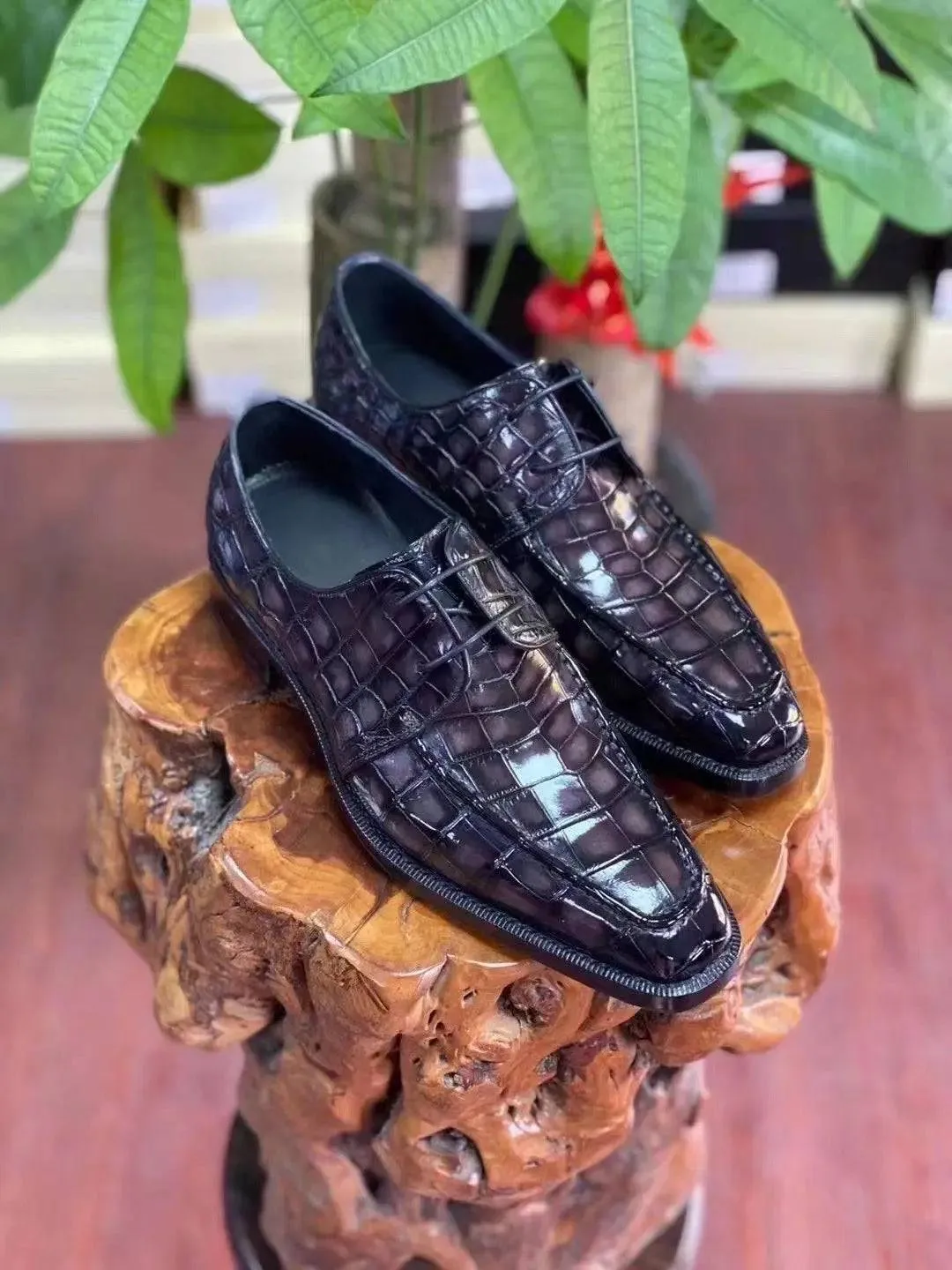 Crocodile Shoes Mens Vintage Smokey Purple Crocodile Leather Business Lace Up Dress Shoes Tea Glow