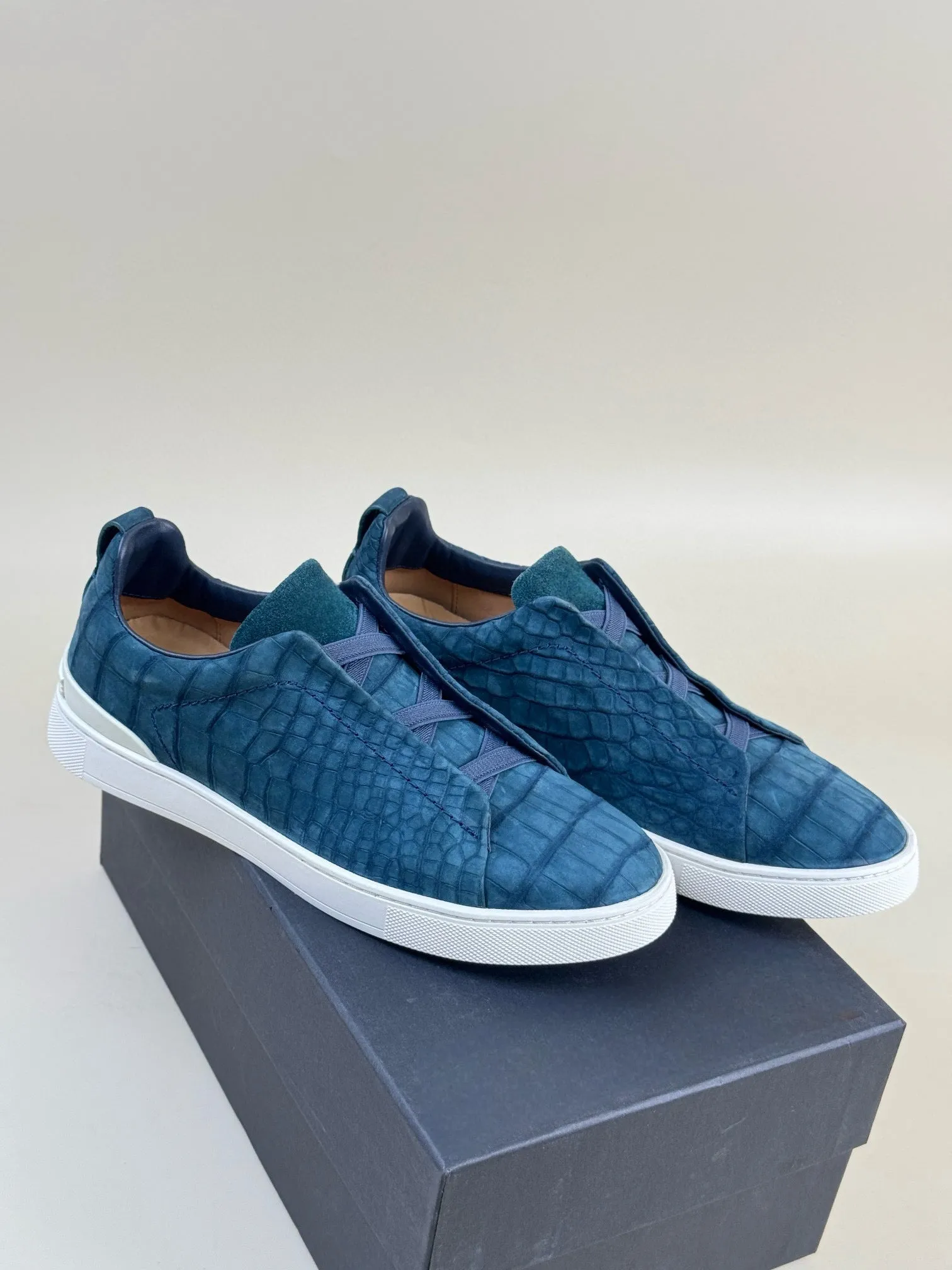 Supportive sole Team Glow Crocodile Shoes  Nubuck Genuine Crocodile Skin Leather Sneakers Blue