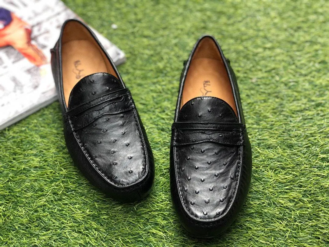 Crocodile Shoes Ostrich Leather Shoes Mens Slip-On Driving Loafer Shoes Model Mode Fund Glow