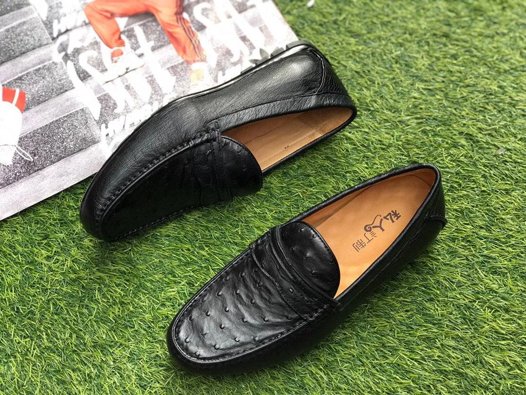 Peace Path Sleek Design Crocodile Shoes Ostrich Leather Shoes Mens Slip-On Driving Loafer Shoes