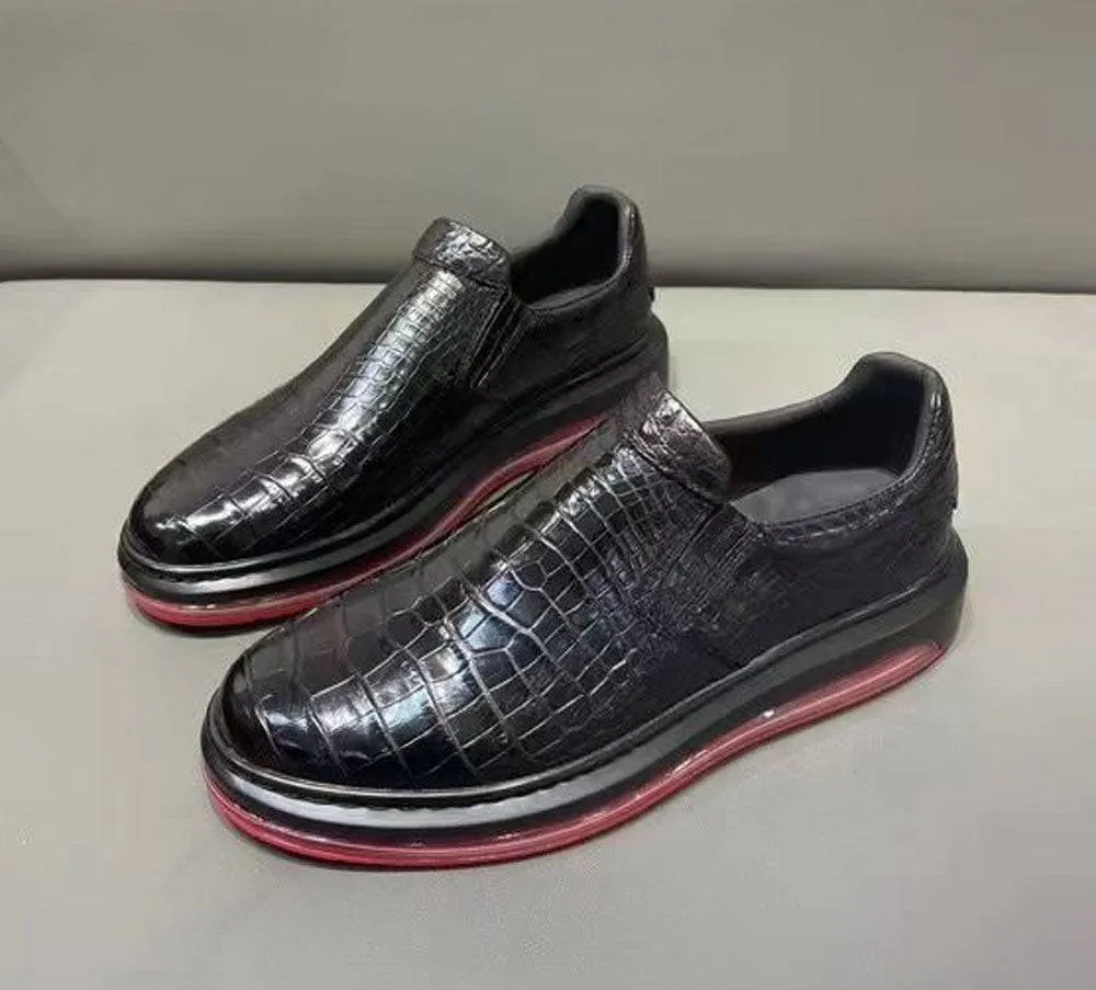 Ergonomic Design Gym Glow Crocodile Shoes Preorder Crocodile Leather Loafer Shoes ,Soft Air Cushion Loafers  Increased Men's Shoes-Black, Comfortable Lightweight Slip-On Walking Shoes