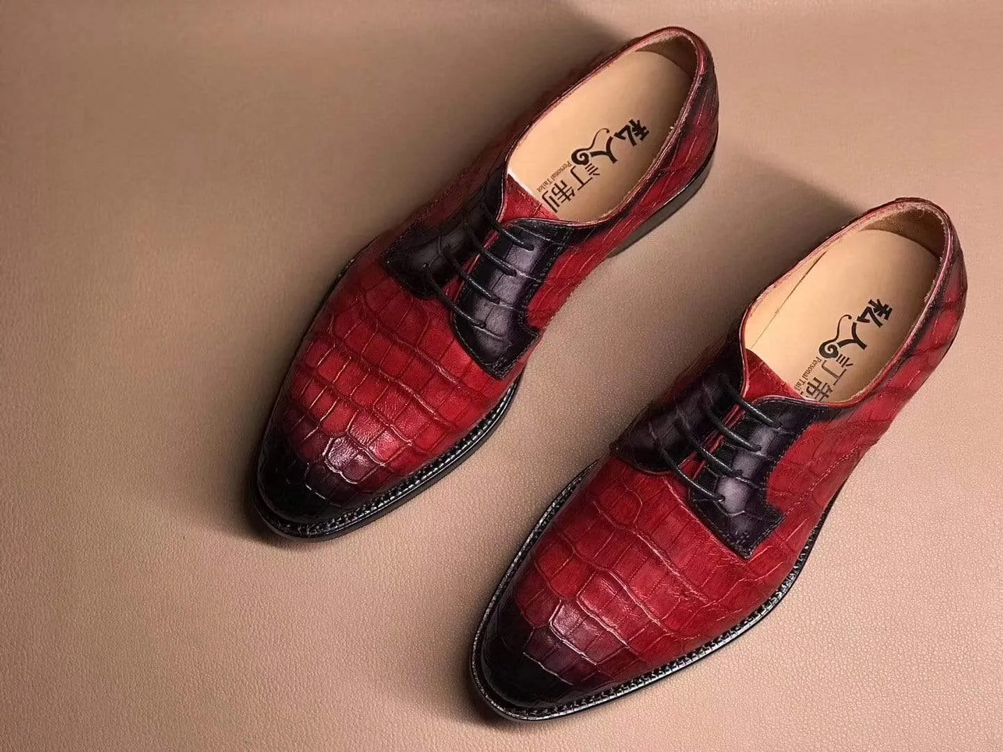 Block Stroll Crocodile Shoes Red Crocodile Leather Lace Up Shoes