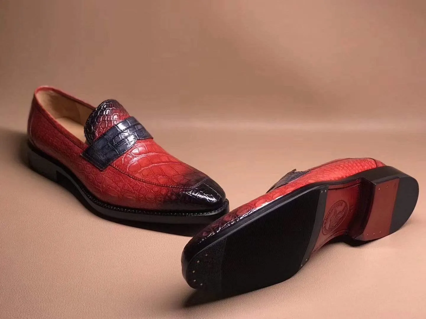 Good Grip Wood Path Crocodile Shoes Red Men's Crocodile Leather Loafers,Slip-Ons Diving Shoes, Penny Loafers Shoes