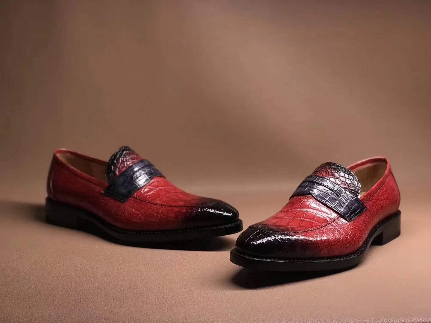 Lightweight Feel Crocodile Shoes Red Men's Crocodile Leather Loafers,Slip-Ons Diving Shoes, Penny Loafers Shoes