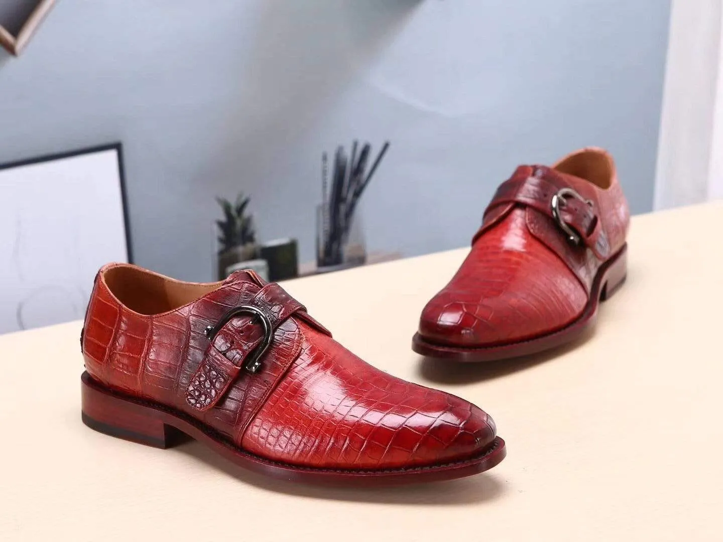 Minimalist Vibe Crocodile Shoes Red Mens Shoes Genuine Leather Monk Shoes ,Goodyear Sole