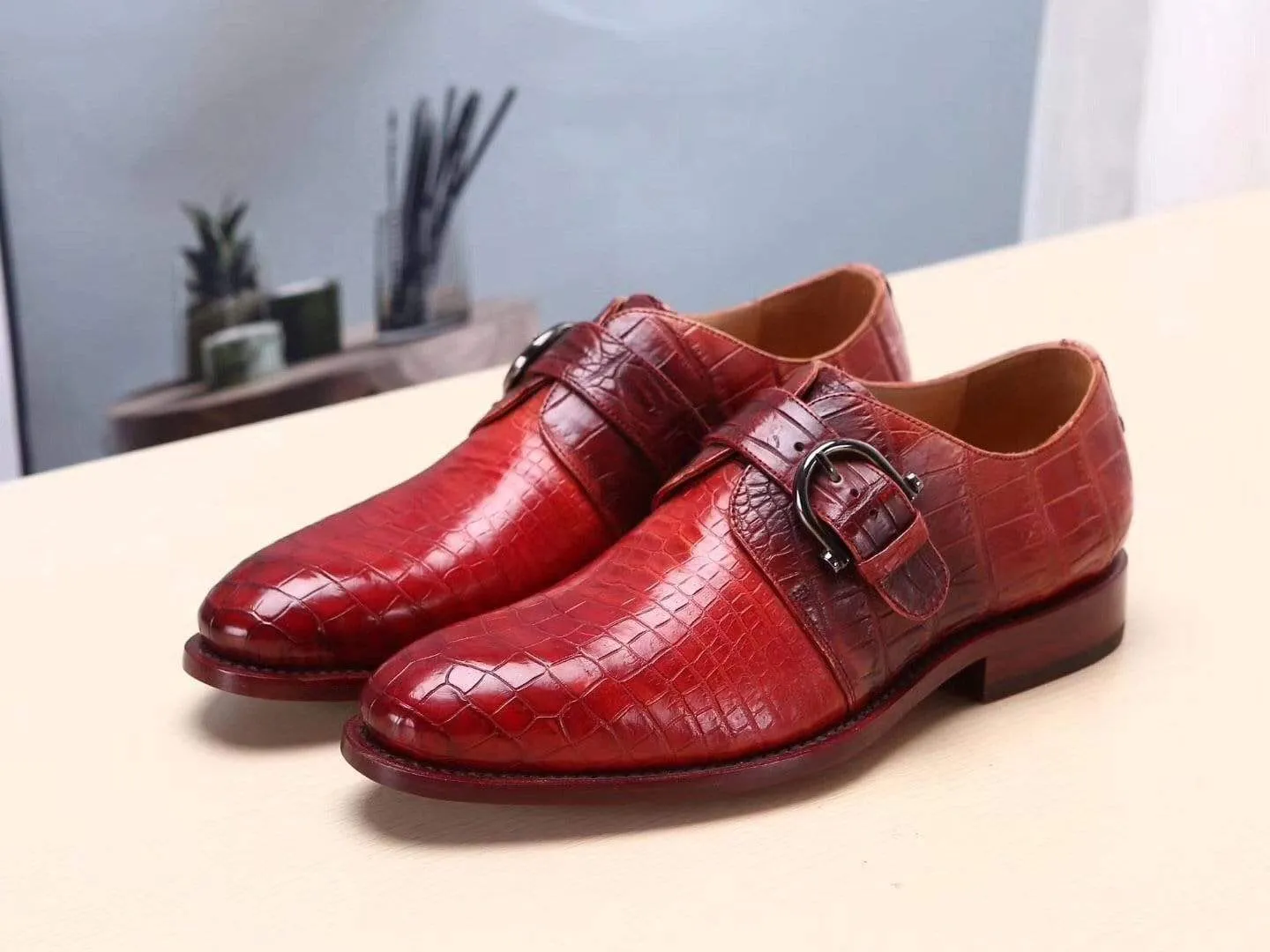 Crocodile Shoes Red Mens Shoes Genuine Leather Monk Shoes ,Goodyear Sole Lesson Glow