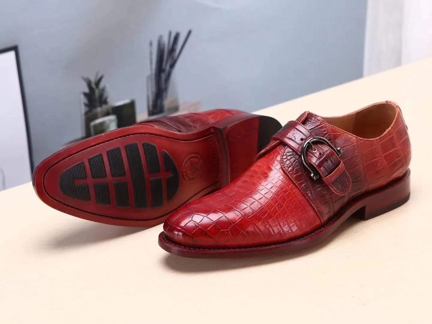 Comfortable Insole Footwear for All Crocodile Shoes Red Mens Shoes Genuine Leather Monk Shoes ,Goodyear Sole
