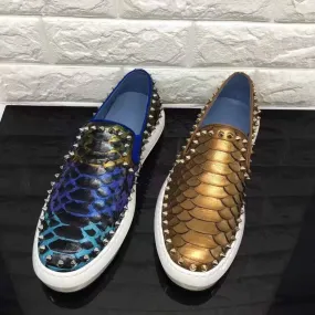 Crocodile Shoes Roller-Boat Spikes Genuine Python Leather Flat Sneakers For Men fire night