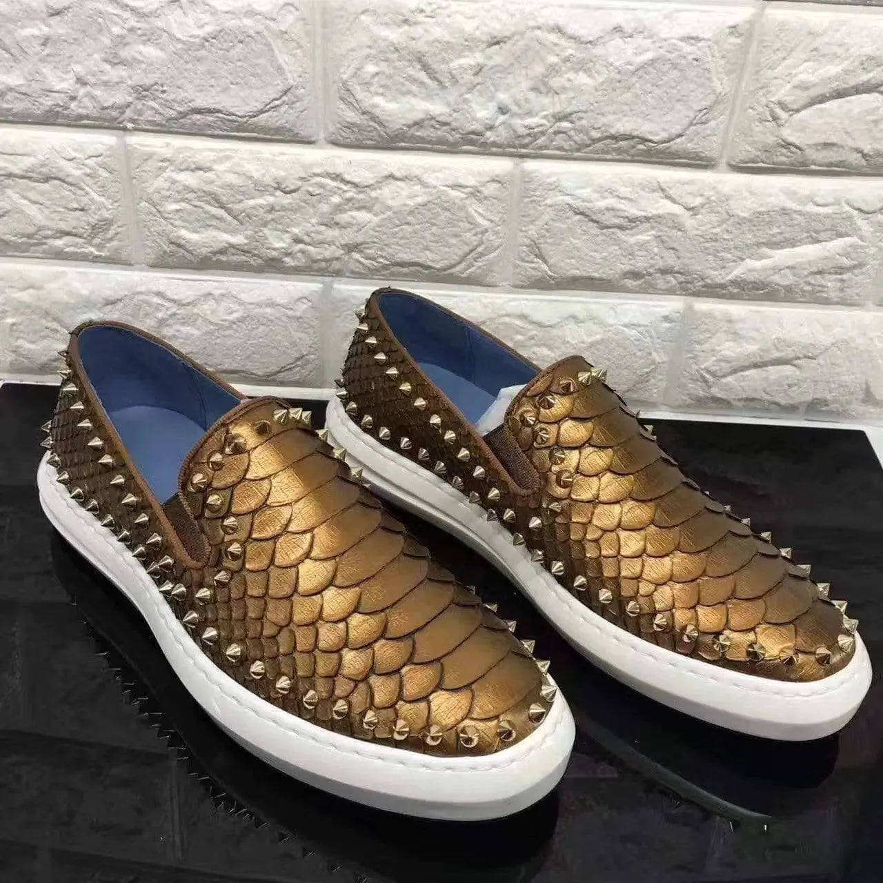Supportive Cushion Crocodile Shoes Roller-Boat Spikes Genuine Python Leather Flat Sneakers For Men