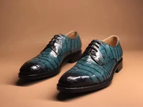 Crocodile Shoes Turquoise Green Crocodile Leather Lace Up Shoes Comfort Soles