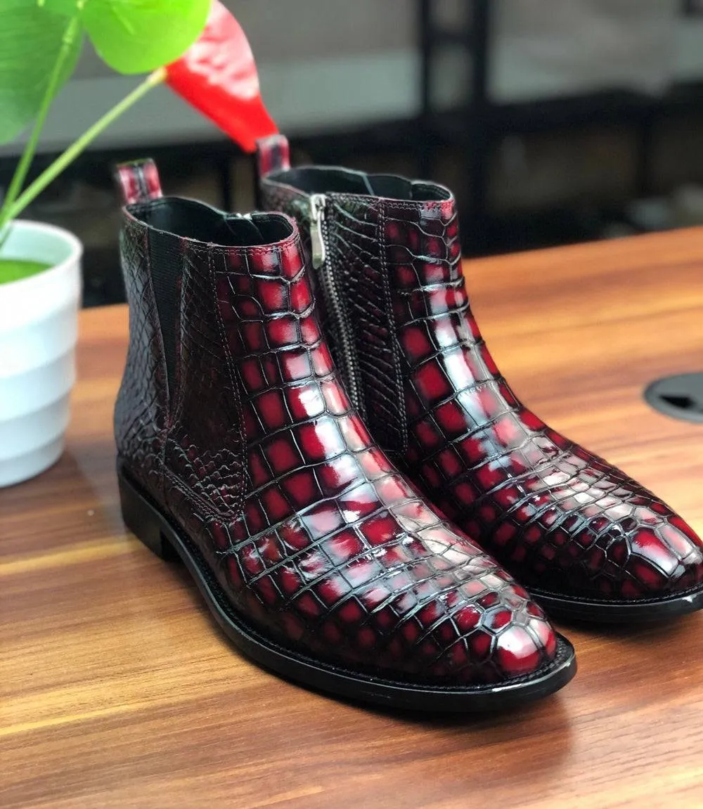 Crocodile Shoes Vintage Wine Red Chelsea Boots Durable Support
