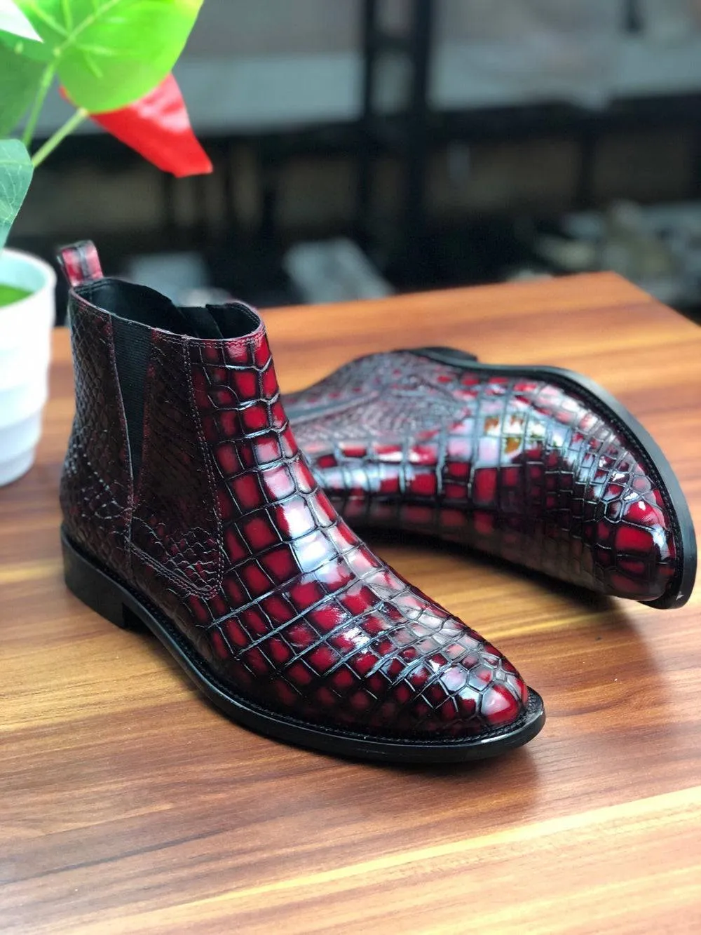 Fund Glow Crocodile Shoes Vintage Wine Red Chelsea Boots