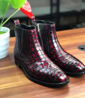 Crocodile Shoes Vintage Wine Red Chelsea Boots Durable Support