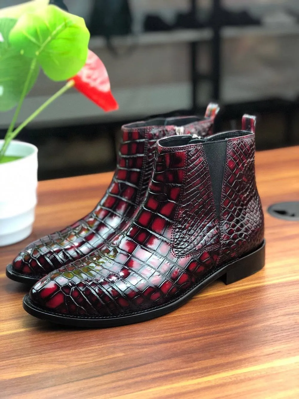 Crocodile Shoes Vintage Wine Red Chelsea Boots Versatile Walk