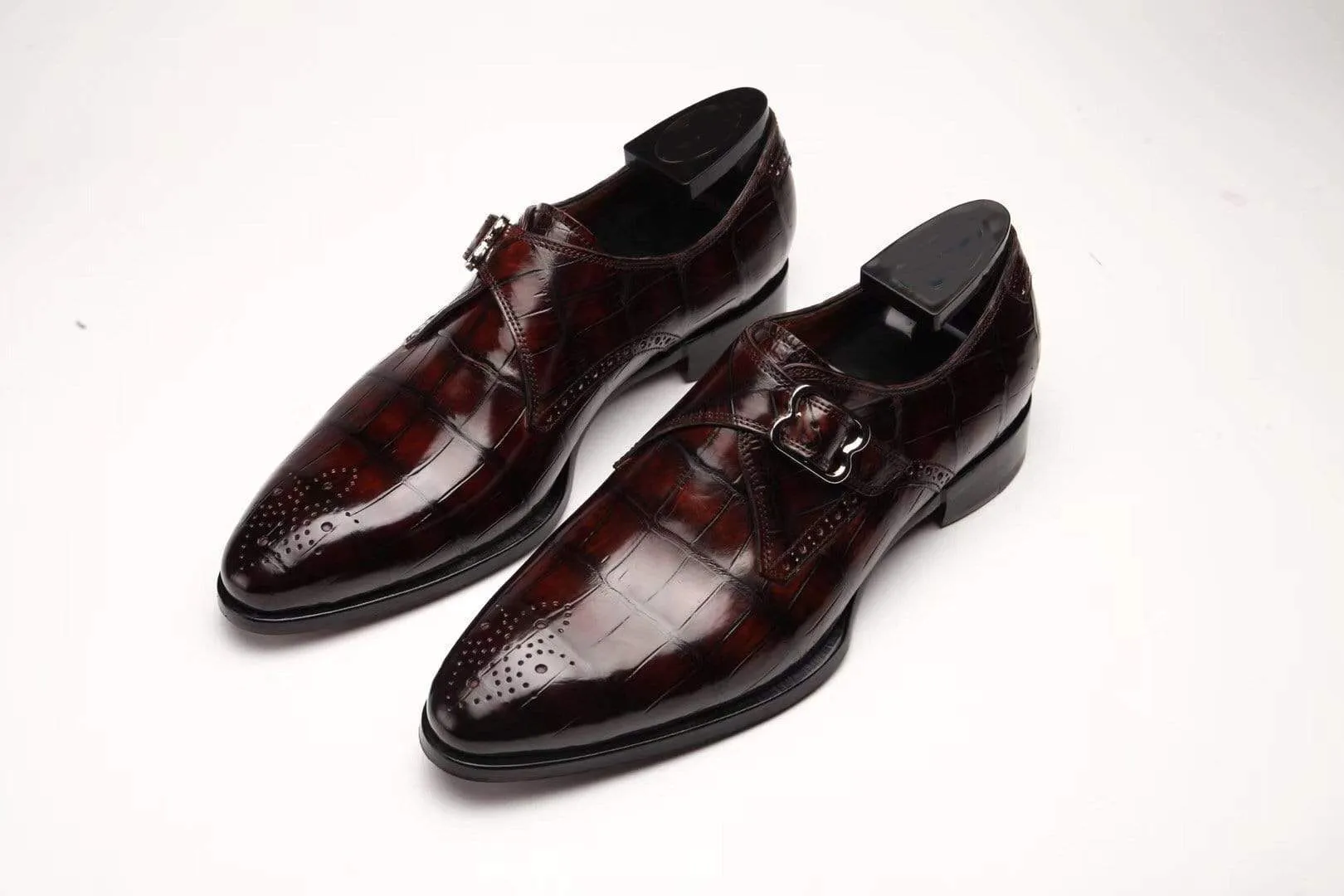 Crocodile Shoes Wine Red Crocodile Leather Monk Strap Shoes Port Mood Ship Glow