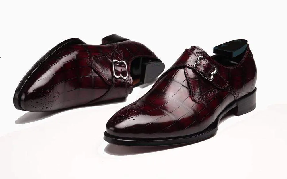 Crocodile Shoes Wine Red Crocodile Leather Monk Strap Shoes Support Walk