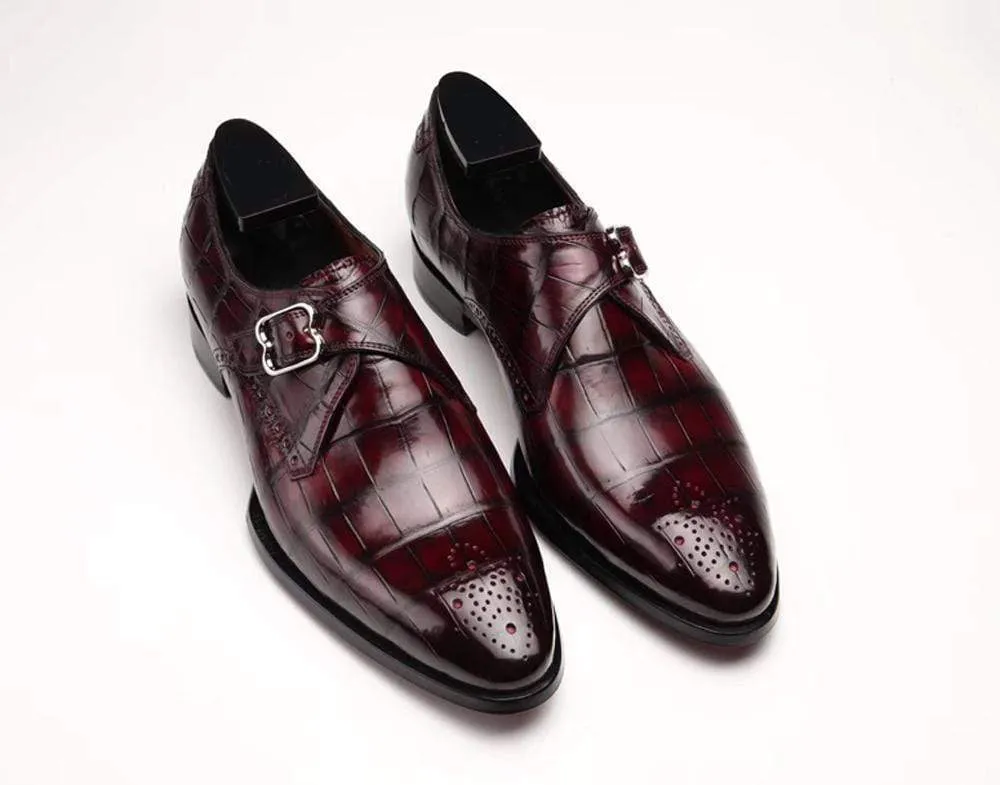 Crocodile Shoes Wine Red Crocodile Leather Monk Strap Shoes Simple Versatile
