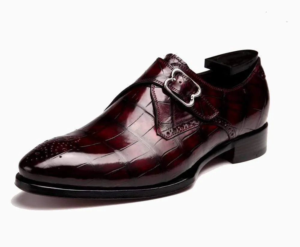 Crocodile Shoes Wine Red Crocodile Leather Monk Strap Shoes Easy Strap