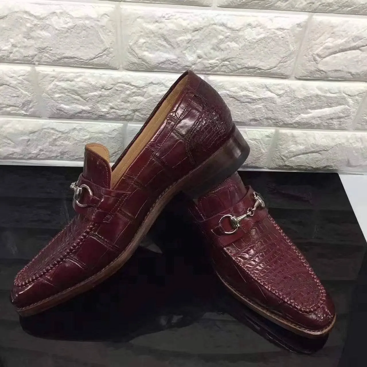 Wide Base Date Ready Crocodile Shoes Wine Red Genuine All-Over Crocodile  Belly Skin Slip On~ Loafer Shoes for Men
