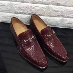 Crocodile Shoes Wine Red Genuine All-Over Crocodile  Belly Skin Slip On~ Loafer Shoes for Men Sleek Style