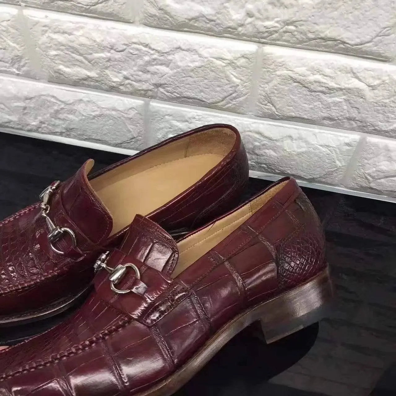 Walkable Crocodile Shoes Wine Red Genuine All-Over Crocodile  Belly Skin Slip On~ Loafer Shoes for Men
