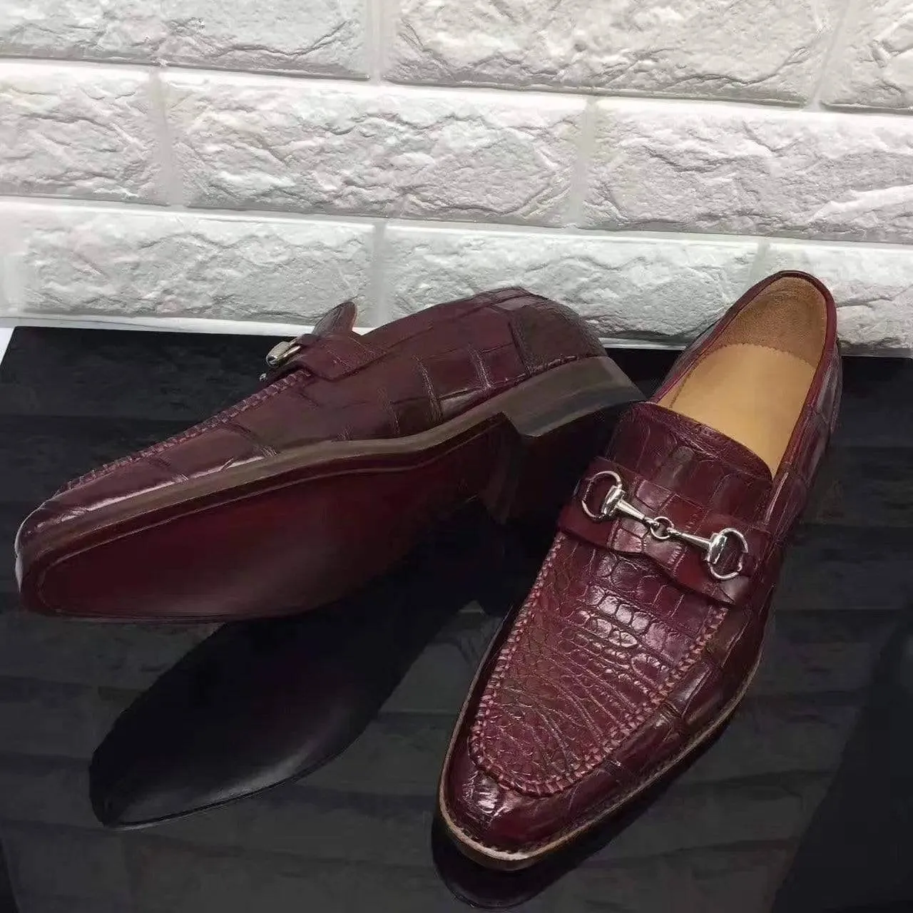 Ergonomic Shoe Shape Leaf Fall Crocodile Shoes Wine Red Genuine All-Over Crocodile  Belly Skin Slip On~ Loafer Shoes for Men