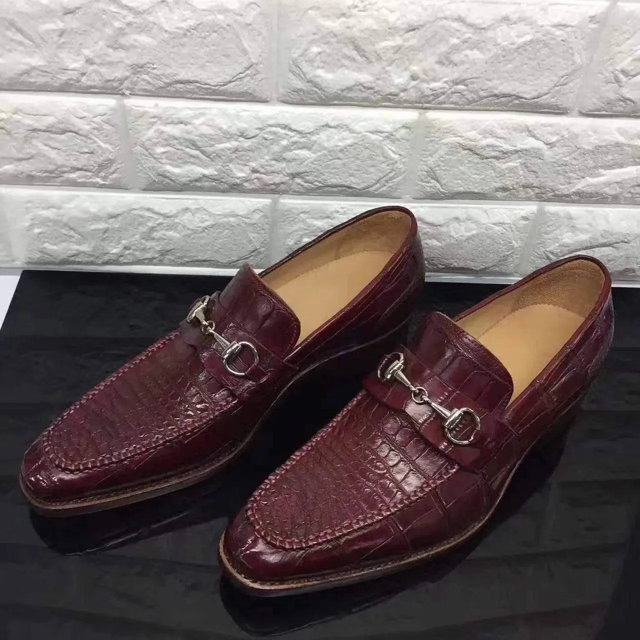Crocodile Shoes Wine Red Genuine All-Over Crocodile  Belly Skin Slip On~ Loafer Shoes for Men All-Season Comfort